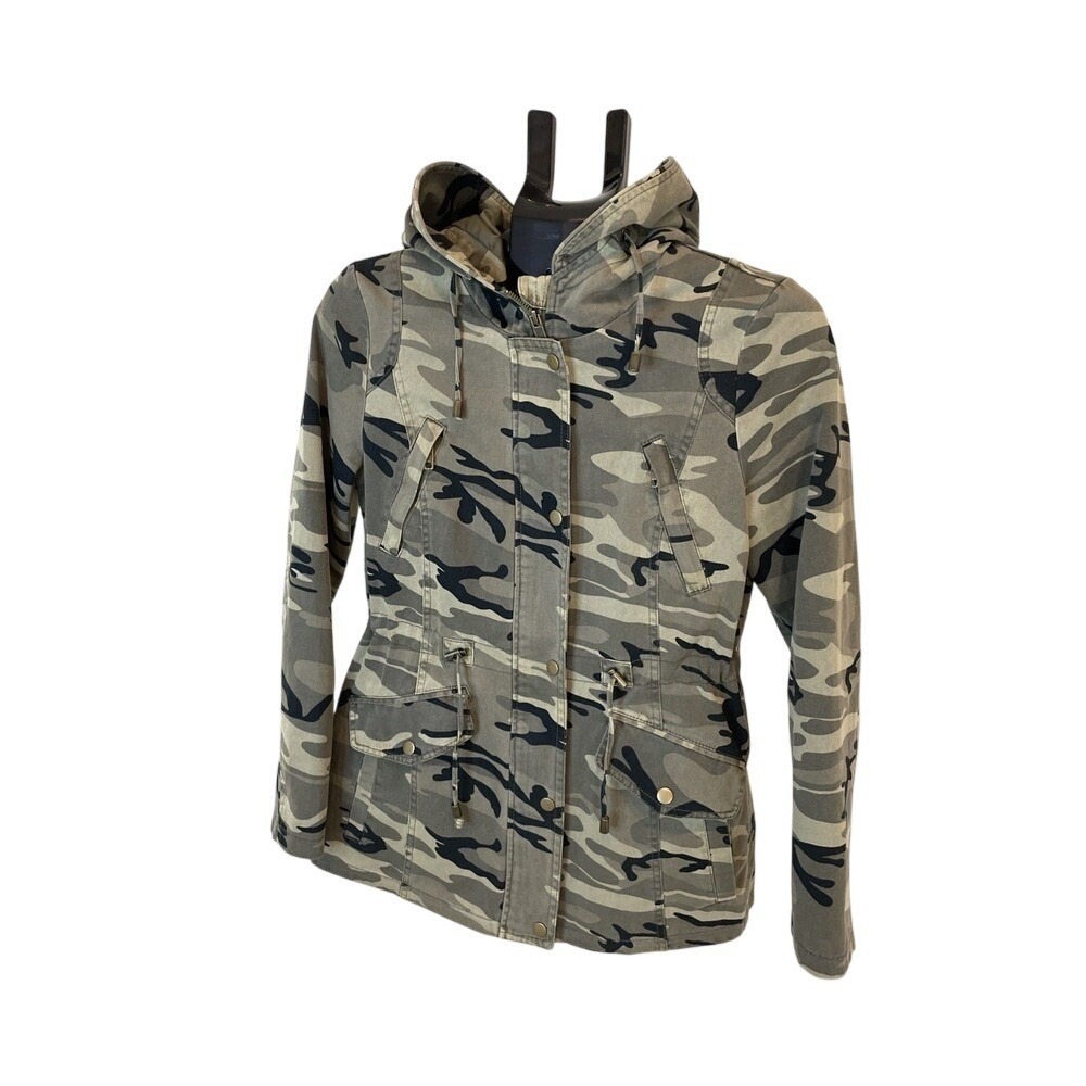 Womens Camouflage Utility Anorak Jacket Hooded Drawstring Waist Green Camo Small